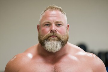 Obraz premium Strong man with beard showcases muscular physique indoors in a gym environment