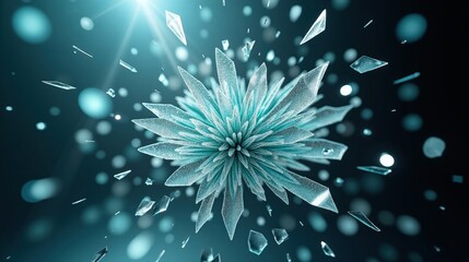 Weightless fragments of shattered glass suspended in slow motion, each shard catching beams of radiant light, creating a mesmerizing, dreamlike spectacle.