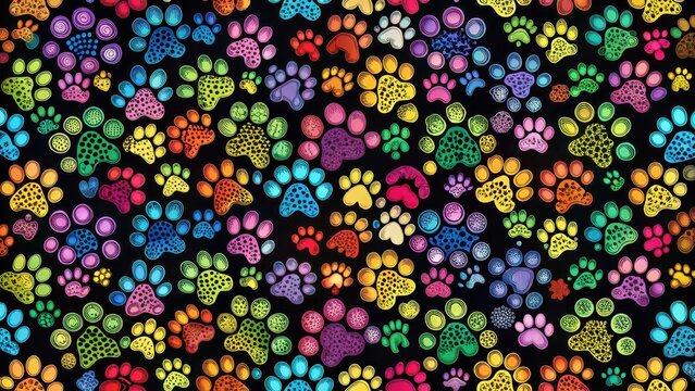 Colorful paw prints in various sizes and shapes form a seamless pattern on a black background, creating a fun and playful design , pet art, paw print design