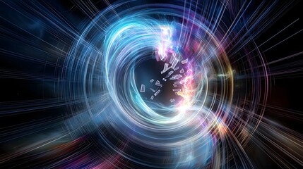 Obraz premium Abstract composition of a fragmented spirit swirling upward merging with a captivating display of cosmic lights and dynamic electrifying energy A surreal