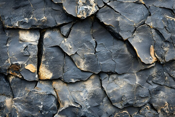 Dramatic rock face featuring dark and fractured stone formations