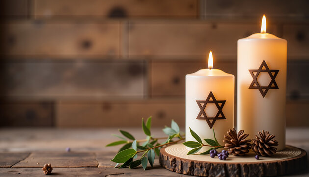 Rustic Star of David candles with pinecones and greenery