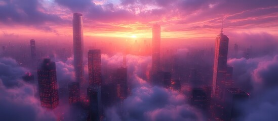 Obraz premium Aerial view of a futuristic city bathed in a vibrant sunset, with skyscrapers piercing through a sea of clouds.