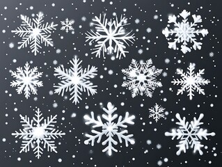 Snowflakes floating on a dark background with many beautiful shapes