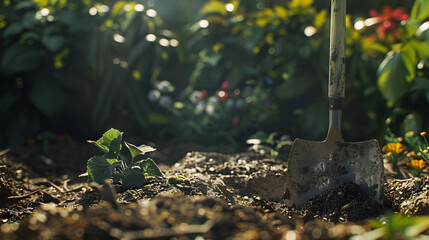 Well-Worn Spade in a Lively Garden Setting Under Bright Sunlight