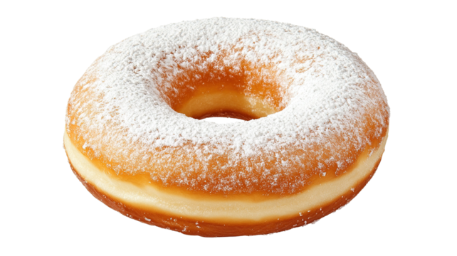 A classic round donut with a hole in the center, covered in powdered sugar, isolated on a transparent background