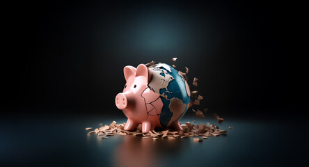 A shattered piggy bank shaped like a globe lies on a dark surface, representing global economic fragility and financial risk in a conceptual still life image.