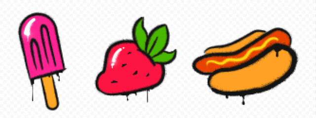 Graffiti food icons set isolated on white background. Vector realistic illustration of street art spray paint sketches, hand drawn color ice cream, strawberry, hot dog with black splatters and drips © klyaksun