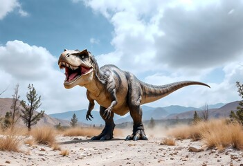 "Giant Sauropod Dinosaur in Desert Landscape with Mountains and Cloudy Sky"