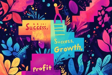 Obraz premium The Ladder of Success: An illustration showing a person climbing a ladder toward success, growth, and profit