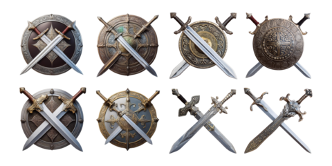 Medieval Swords and Shields Collection,PNG set collection, isolated on transparent background