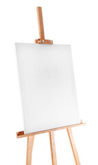 Wooden easel with blank canvas isolated on white background
