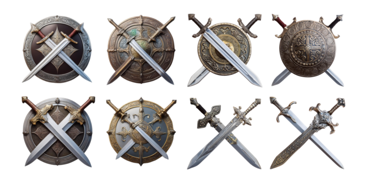 Medieval Swords and Shields Collection,PNG set collection, isolated on transparent background