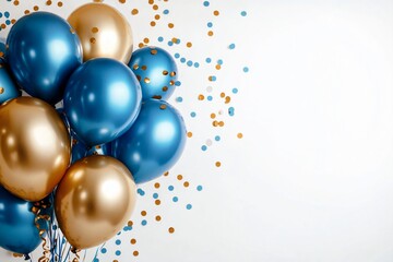 A vibrant cluster of blue and gold balloons on a clean white surface, ideal for birthday, anniversary, or wedding celebrations with ample space for text integration.
