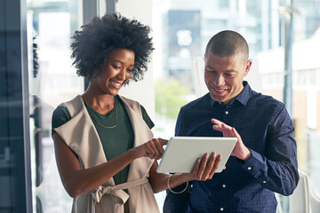 Business, meeting and man with women on tablet in office for website ideas, review and online...