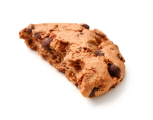 Piece of tasty cookie with chocolate chips on white background