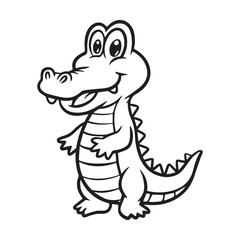 Obraz premium A black line art illustration of a cute cartoon crocodile standing upright on a pure white background