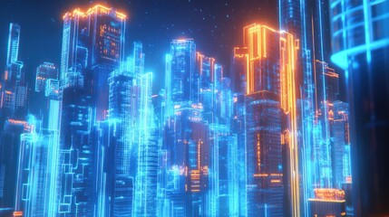 Obraz premium Futuristic city skyline with glowing neon lines.
