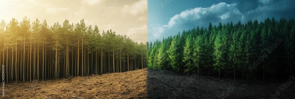 Poster impact of deforestation and importance of nature conservation highlighted in contrasting landscapes.