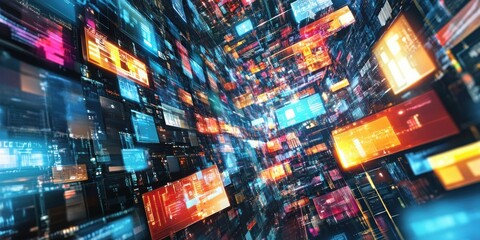 Fototapeta premium Digital Convergence: A futuristic network of glowing screens converge in a dynamic display of data and information, showcasing technology's boundless capabilities, ideal for modern design concepts.