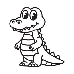 A black line art illustration of a cute cartoon crocodile standing upright on a pure white background