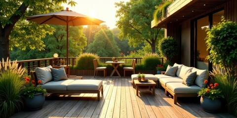 Serene Sunset Deck  Relaxing Outdoor Patio Furniture Arrangement with Lush Greenery and Warm Golden Hour Lighting