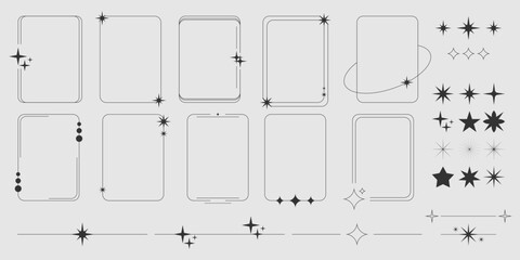 Y2k minimalist frames collection with star decorations and sparkle elements. Simple rectangular borders in black color. Clean geometric shapes for social media posts or retro digital design. © klyaksun