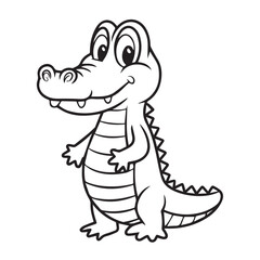 A black line art illustration of a cute cartoon crocodile standing upright on a pure white background