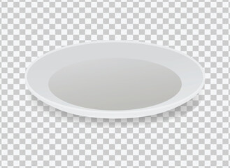 A white, empty plate is depicted from a slightly angled perspective against a transparent, checkered background. The plate has a simple, round design with a subtle shadow underneath, giving it a 3D