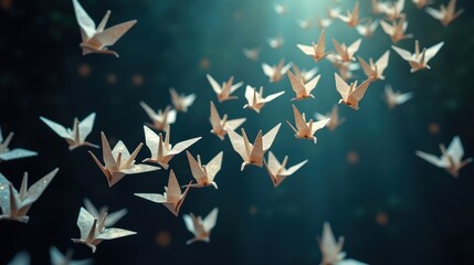 Obraz premium A surreal dance of weightless paper cranes, each one shimmering with metallic iridescence, gently drifting in an infinite expanse of darkness.