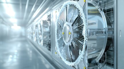 Fototapeta premium Close up view of the frosted blades of a cooling fan inside a unit showcasing the intricate engineering and patterns created by the cold air circulation and ice formation