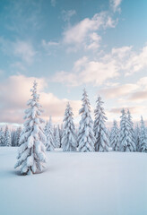 Fototapeta premium Snow-covered pine trees under vibrant clouds, wintry serenity