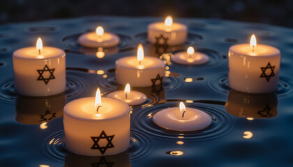 Floating memorial candles with Star of David on water