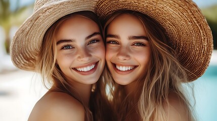 Two beautiful young women are smiling under straw hats together