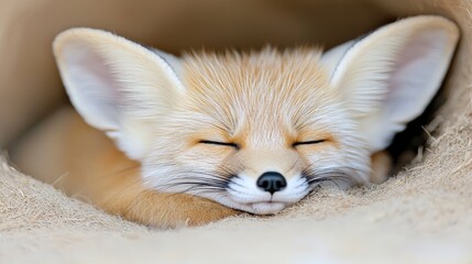 Obraz premium Fennec fox pup sleeping in burrow, desert background, wildlife photo