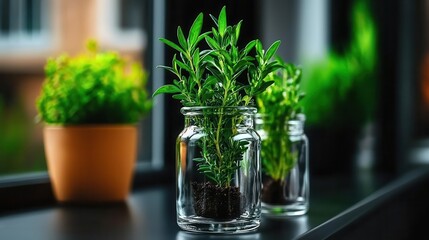 Green plants in glass jars by sunlit window, creating a fresh indoor atmosphere.