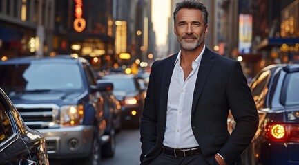 Fototapeta premium distinguished man with silver hair and a well-groomed beard confidently stands on a bustling city street