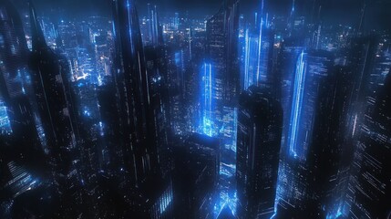 Futuristic cityscape at night with glowing blue neon lights illuminating tall buildings. Aerial view of a modern metropolis.
