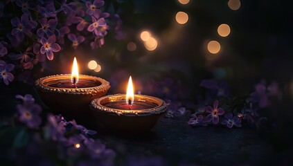 Illuminated candles, flowers, dark night