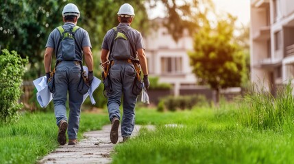 Two construction workers wearing helmets walk along a grassy path carrying blueprints. They are headed toward a multi-story building under construction in a suburban area during late afternoon