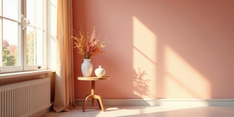 Sunlit Room Interior Design with Dried Flowers in Elegant Vases on a Wooden Side Table