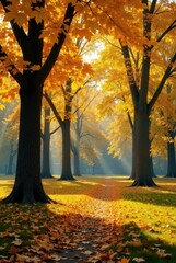 Fototapeta premium Golden Sunlight Illuminates a Path Through a Canopy of Autumn Trees, Casting a Warm Glow on Fallen Leaves