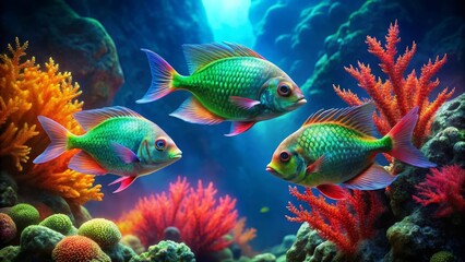Obraz premium Vibrant Reef Inhabitants Three iridescent fish gracefully swim amidst a coral garden, their scales shimmering with an array of colors, creating a breathtaking underwater scene.