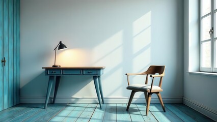 Serene Workspace with Light Blue Desk and Wooden Chair in Sunlit Room
