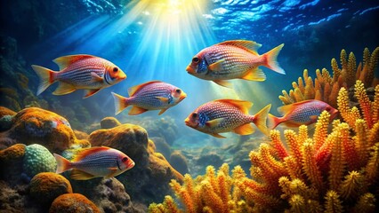 Obraz premium Vibrant Reef Scene Featuring a School of Ornate Fish Swimming Amongst Golden Coral in Sunlit Waters