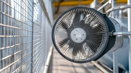 Fototapeta premium Detailed Close up Photograph of a Industrial Cooling Fan with Metal Blades Placed within a Commercial Ventilation System Infrastructure