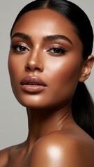 Close-up portrait of woman with glowing skin and soft glam makeup. Skin care treatment or cosmetic ads concept.