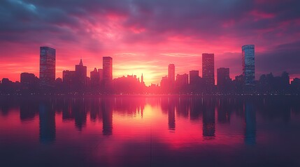 Obraz premium Cityscape sunset reflection, fiery sky, lake, urban