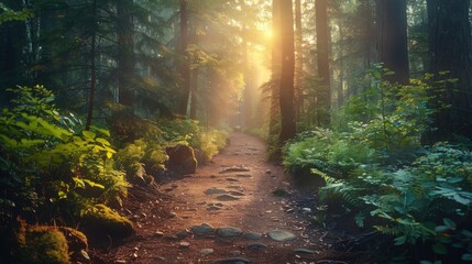 Fototapeta premium Serene Forest Pathway Illuminated by Golden Sunlight Rays