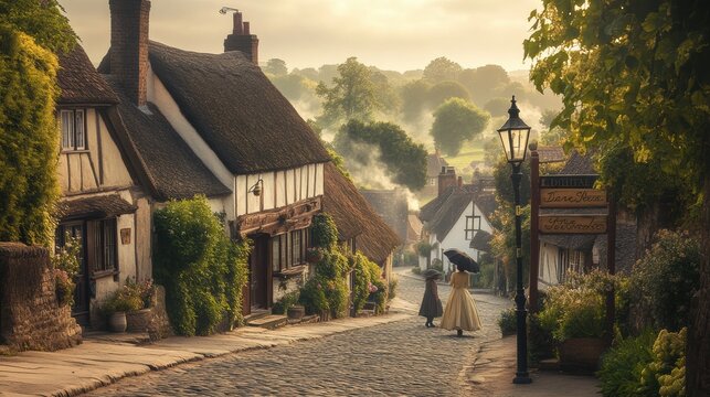 Charming village street in the early morning light with people strolling and flowers adorning the cottages. Generative AI